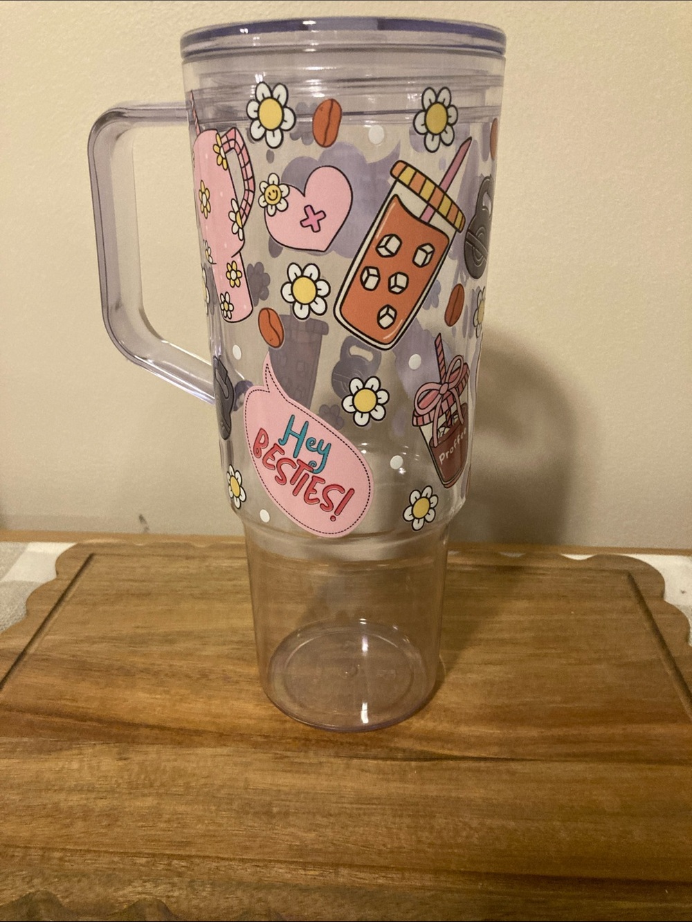 Cute Clear Travel Mug with  Floral Graphic "Hey Besties!"